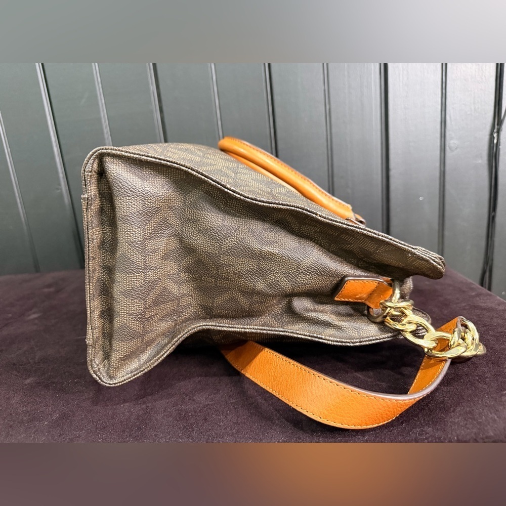 Michael Kors Large Brown Satchel Leather Shoulder Tote Bag Gold Accents MK Logo - Picture 8 of 13